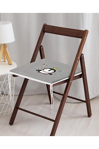 Realhomes Gri Zeminli Uçan Sevimli Penguen Tasarımlı Modern Fermuarlı Sandalye Minderi