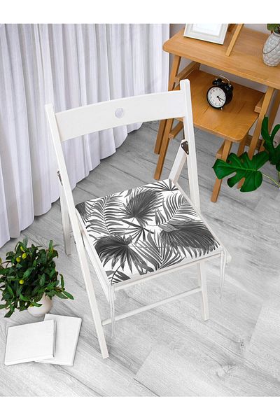 Realhomes Digital Printed Zippered Chair Cushion with Gray Tropical Plant Figure on White Background