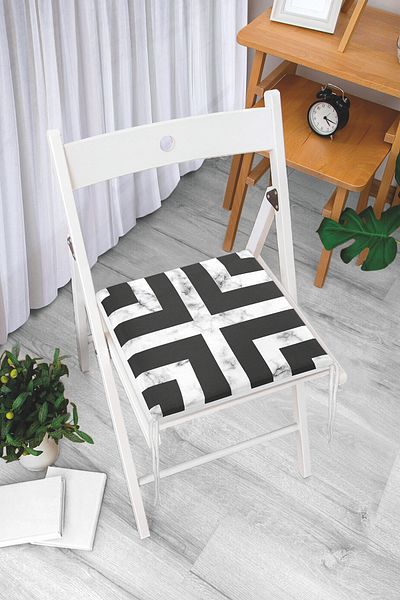 Realhomes Black Geometric Patterned Modern Zippered Chair Cushion with Marble Floor