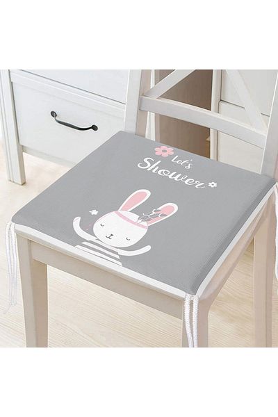 Realhomes Gray Floor Baby Shower Themed Rabbit Patterned Digital Printed Children's Room Zippered Chair Cushion
