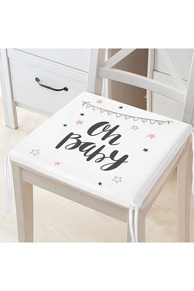Realhomes White Background Oh Baby Written Special Designed Digital Printed Children's Room Zippered Chair Cushion