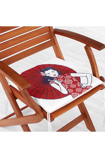 Realhomes Japanese Women's Motif Zippered Chair Cushion with Red Umbrella on the Back
