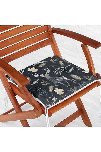 Realhomes Zippered Chair Cushion with Deer and Leaf Pattern on Black Background