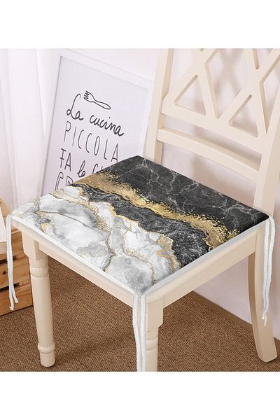 Realhomes Modern Black White Gold Marble Motif Digital Printed Zippered Chair Cushion