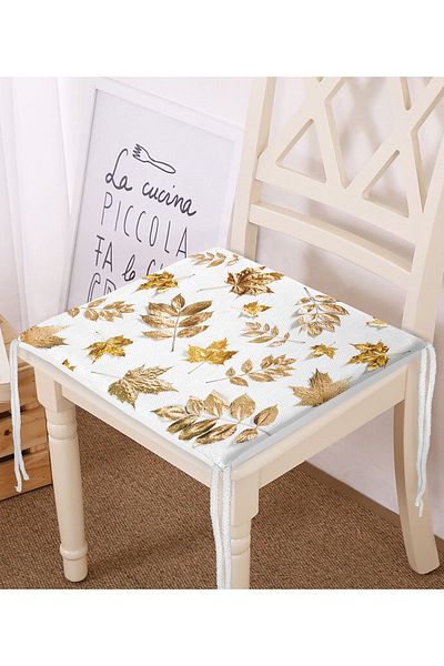 Realhomes Gold Leaves Patterned Digital Printed Zippered Chair Cushion on White Background