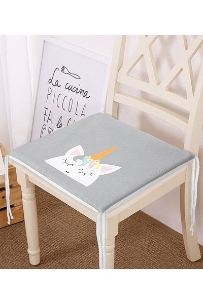 Realhomes Unicorn Patterned Gray Chair Cushion - Digital Printed, Zippered, for Children's Room