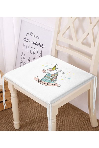 Realhomes Unicorn Patterned White Zippered Chair Cushion on the Floor