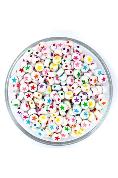 yfhobi 25 Gram - 7 Mm Beyaz Üzeri Renkli Yıldız Figürlü Yassı Plastik Boncuk,...