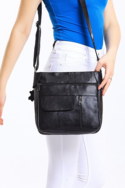 Deribag Women's Genuine Leather Black Messenger Bag with Pocket
