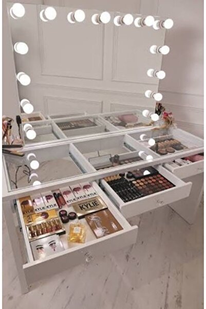 Platto Creative Works Beyaz Milano Cam  3 Çekmeceli Tablalı Makyaj Masası