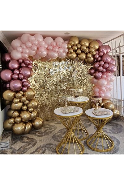 Çemrek Süs Parti Pembe Gold Balon Zinciri Seti 120 Adet Balon Pompa ve Zincir