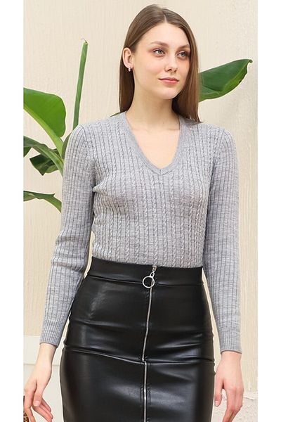 VEGENZE Women's Gray Hair Knit Pattern Stretchy Soft V-neck Knitwear Sweater