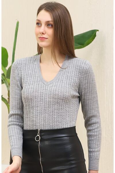 VEGENZE Women's Gray Hair Knit Pattern Stretchy Soft V-neck Knitwear Sweater