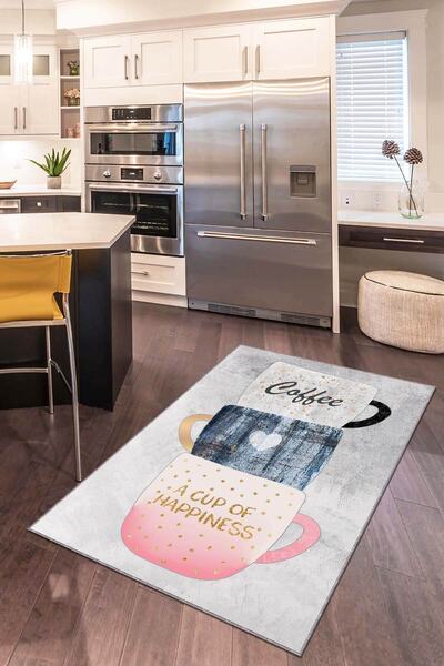 Viva Home Makinede Yıkanabilir Kaymaz Tabanlı Mutfak Halısı Cups