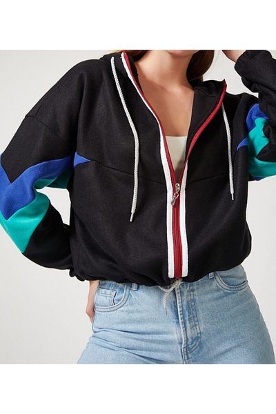 AQE FASHION Women's Black Hooded Zipper Sweatshirt Fleece
