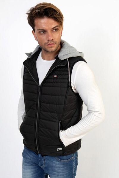 Wise Men's Hooded Combed Cotton Lined Puffer Vest - Black