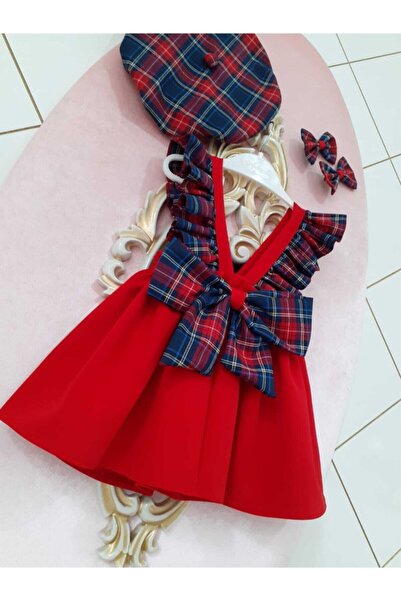 Eylülce Butik Baby Girl Red Plaid Ruffle Strap Salopet Set