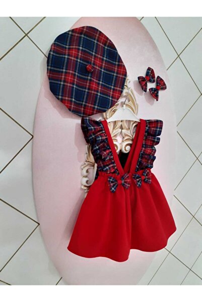 Eylülce Butik Baby Girl Red Plaid Ruffle Strap Salopet Set