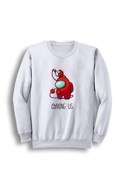 fame-stoned Unisex White Among Us Game Φούτερ με στάμπα με λαιμόκοψη