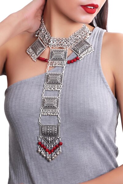 LABALABA Kadın Kırmızı Antik Boncuk Detaylı Sallantılı Gümüş Kaplama Choker