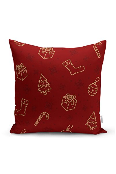 Realhomes Renkli Zemin Üzerinde Gold Detaylı Yılbaşı Çorabı Desenli Yastık Kı...