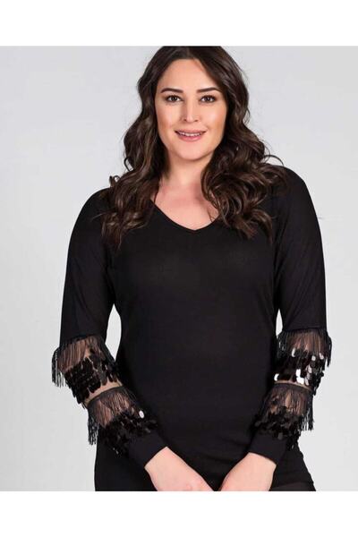 Genel Markalar Kadın Siyah Kolları Pul Ve Püskül Detaylı Bluz