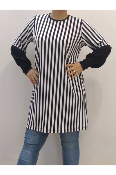 Mertcan Butik Μαύρο Λευκό Ριγέ Μαύρο Χρώμα Μπλοκ Μπλοκ