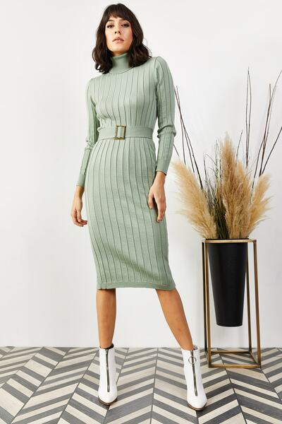 Olalook Kadın Su Yeşili Kemerli Kalın Fitilli Triko Elbise ELB-19001014