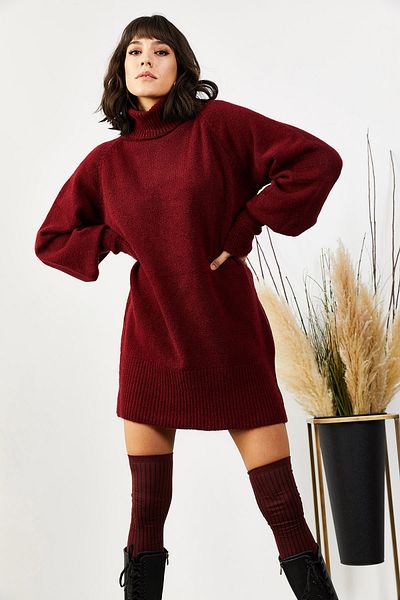 Olalook Burgunderfarbenes, lockeres Strickkleid mit Rollkragen und Ballonärmeln für Damen ELB-19000867