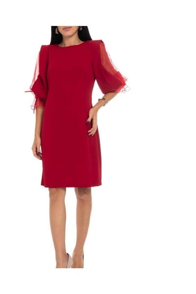 AYHAN Women's Red Sleeves Organza Dress