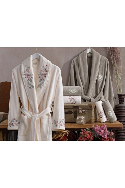 Dantela 6 Parça Nakışlı Pamuk Aile Bornoz Seti Takımı Larosa Krem-bej