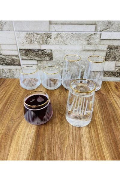 Paşabahçe Gold Gilded Embroidered Lava Water Soft Drink Glass 12 Pieces