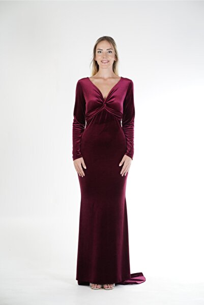 Genel Markalar Kadın Bordo V Yaka Gece Elbisesi