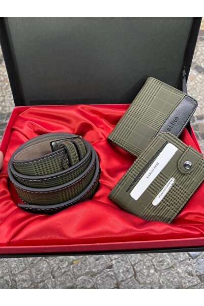 Genel Markalar Erkek Yeşil Ekose Cüzdan Kemer Kartlıklı Kutulu Set
