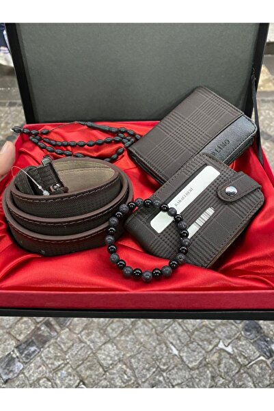 Carlino Erkek Kahverengi  Ekose Cüzdan Kemer Kartlıklı Şık Kutulu Set Bilekli...