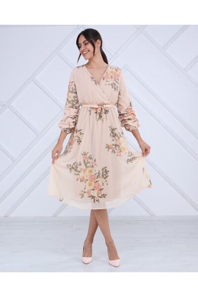 CİXAPLE Γυναικείο φόρεμα σιφόν με λουλουδάτο μοτίβο με λαβή εκρού
