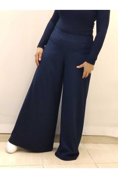 Mertcan Butik Elastic Waist Wide Leg Navy Blue Steel Knitted Trouser Skirt