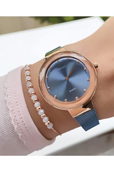 Ferrucci Kadın Mavi Rose Gold Kasa Sade Tasarım Hasır Metal Kordon Kol Saati + Bileklik