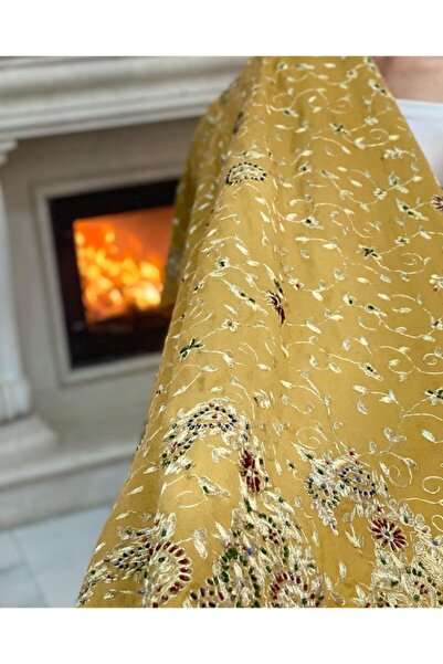 Dervişan İpekçilik Hardal Rengi Gümüş Işleme Şal