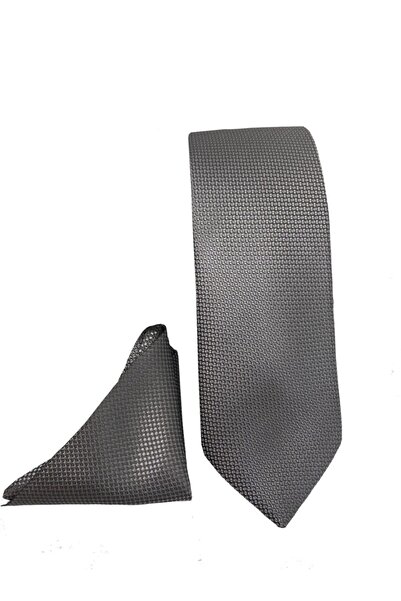 TUFAN KRAVAT ربطة عنق رفيعة من القماش الرمادي / المنسوج - مع منديل