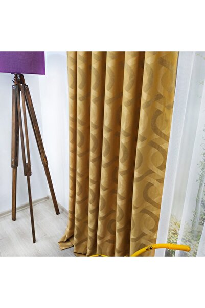 Ran Perde Hardal Sarı  Spor Desenli Dökümlü Jakar Fon Perde