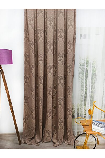 Ran Perde Açık Kahve -Damask Desenli Dökümlü Jakar Fon Perde