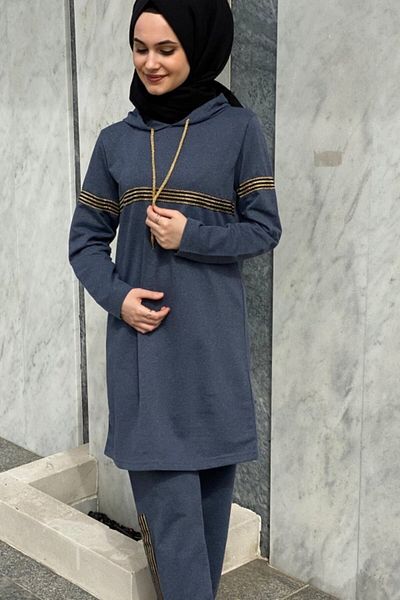 CNG MODA Women's Hooded Glitter Striped Tracksuit Set Indigo