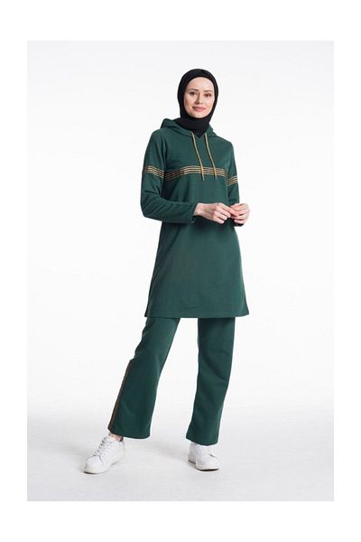 CNG MODA Women's Nefti Green Hooded Glitter Stripe Tracksuit
