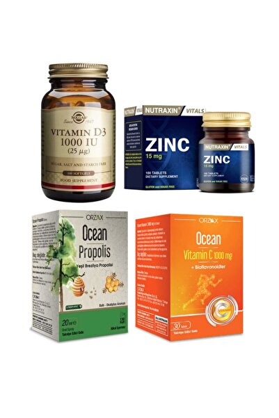 Solgar D3 Vitamini 100 Kapsül + Nutraxin Çinko 100 Tablet + Ocean Propolis Sprey 20 Ml+c Vitamini 30 Tablet
