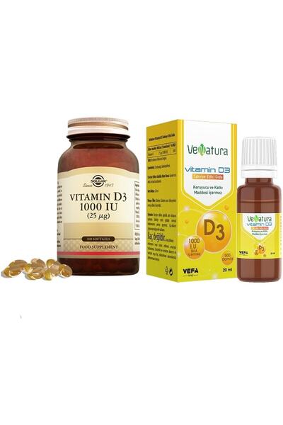 Solgar D3 1000ıu 100 قرص + فيتامين فيناتورا D3 قطرات 1000 Iu 20 مل