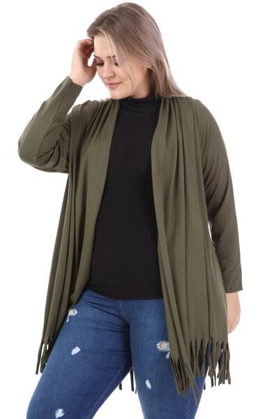 LİKRA Women's Khaki Plus Size Skirt Tasseled Viscose Cardigan