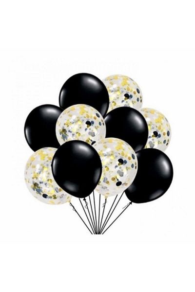 Deniz Party Store Transparent Balloon with Gold Confetti Pastel Black Balloon Set 10 Pieces