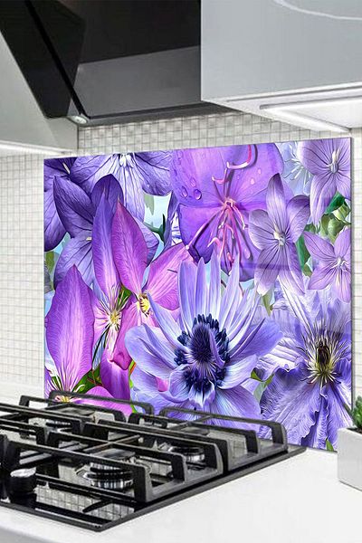 Olinpa 50X50 cm Glass Stove Back Protector - Countertop Built-In, Floral Pattern