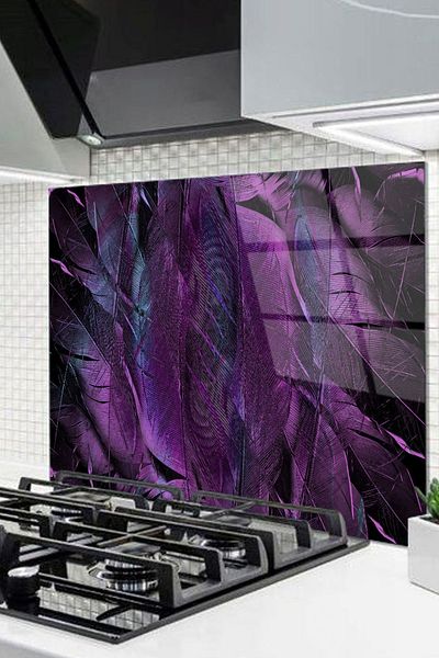 Olinpa 50X50 cm Glass Stove Back Protector Countertop Built-In Back Protector |   Purple Feather